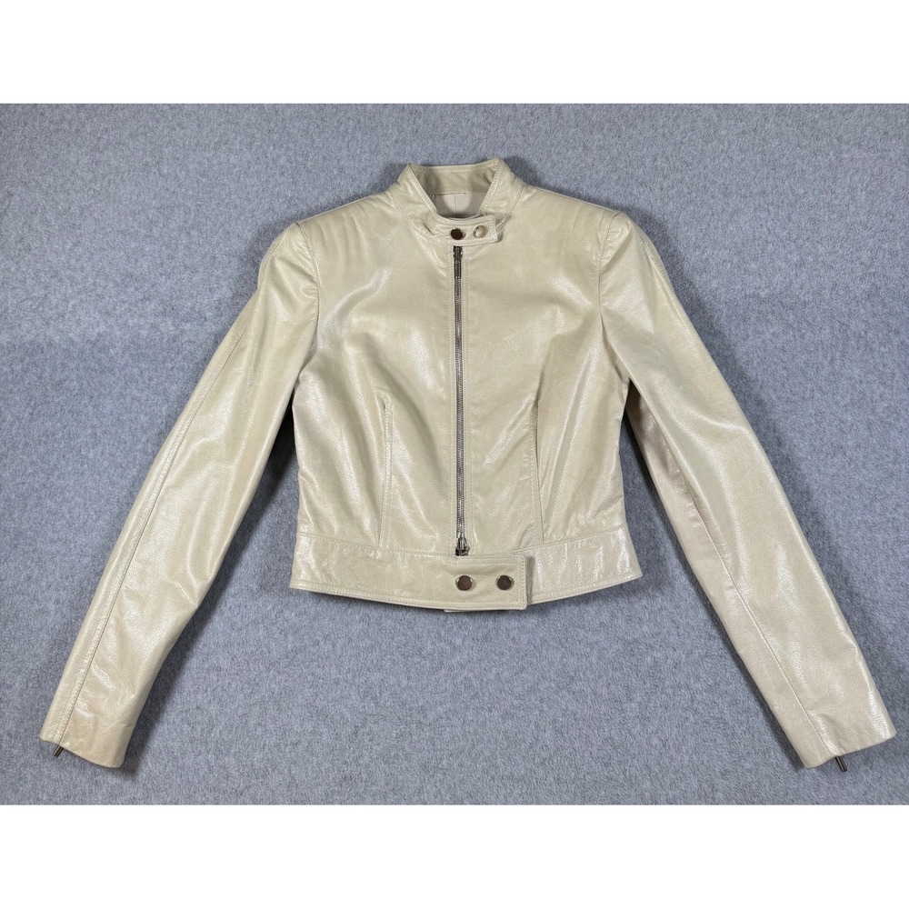 Armani Collezioni Leather Jacket Women Cream Smocked Waist Cropped Size 2